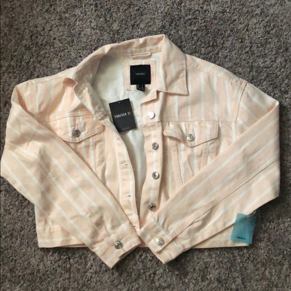 Pink and white striped denim jacket